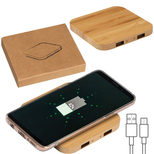 Wireless Charger aus Bambus mit 2 USB Hubs ROMAN