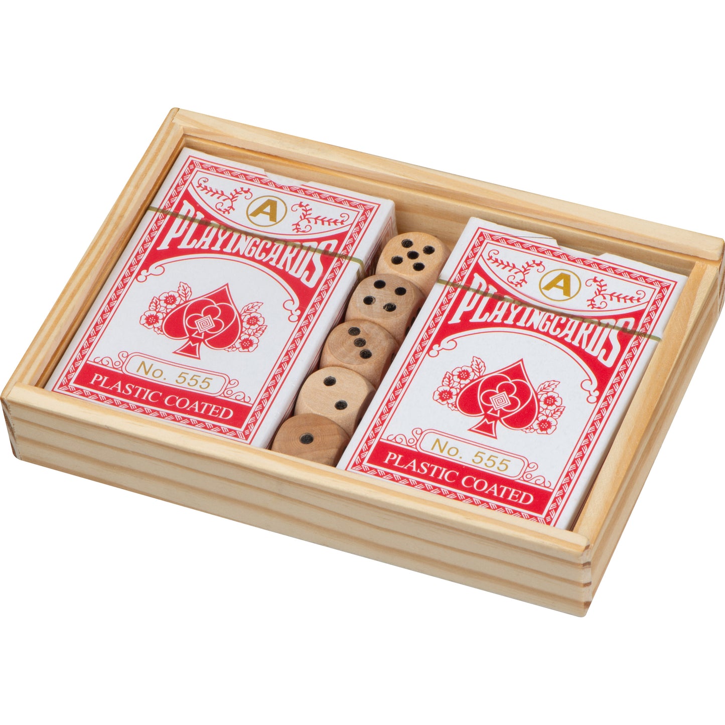 Spielkarten in Holzbox mit Würfel BRIAN