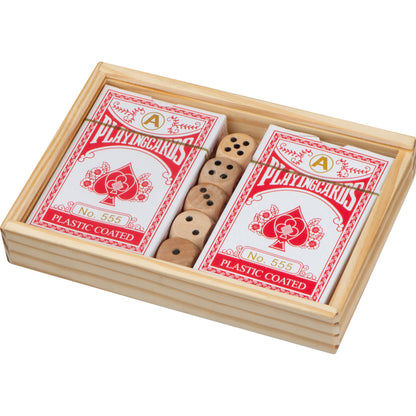 Spielkarten in Holzbox mit Würfel BRIAN